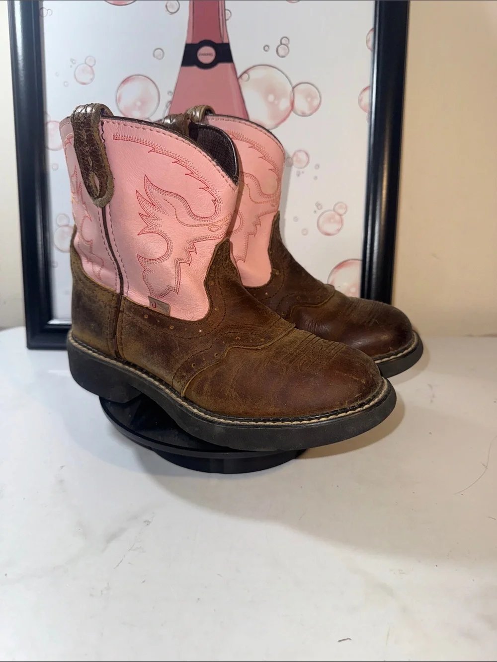 Justin Gypsy Girls Pink Shaft Brown Leather Western Cowboy Boots - Size 3D